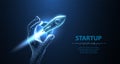 Startup. Rocket start from digital hand. Isolated on blue. Fast web development