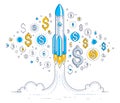 Startup rockets take off, space rockets flying start up business concept. Royalty Free Stock Photo