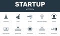 Startup set icons collection. Includes simple elements such as Pre-release, Launch, Intellectual property, Online
