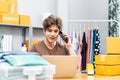 Startup small business entrepreneur SME, asian man receive order on phone. Portrait young Asian small business owner home office, Royalty Free Stock Photo