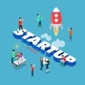 Startup spaceship launch flat 3d isometric big word concept vector Royalty Free Stock Photo