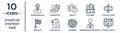 startup.stategy.and linear icon set. includes thin line businessman and strategy, identity, strategic vision, open padlock,