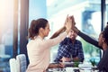 Startup, success or business people high five in meeting for celebration of goals, target or teamwork. Partnership Royalty Free Stock Photo