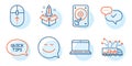 Startup, Swipe up and Hdd icons set. Smile, Notebook and Truck delivery signs. Vector