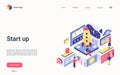 Startup technology isometric landing page, space dashboard for tech business teamwork