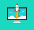 Startup vector concept, flat cartoon quick rocket launch and computer or desktop