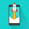 Startup vector concept, flat cartoon rocket or rocketship launch, mobile phone or smartphone, idea of successful Royalty Free Stock Photo