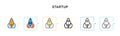 Startup vector icon in 6 different modern styles. Black, two colored startup icons designed in filled, outline, line and stroke Royalty Free Stock Photo