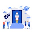 Startup vector illustration concept with characters and rocket launch. Modern flat style for landing page, mobile app, poster, Royalty Free Stock Photo