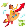 Startup Vector. Rocket Soars Up On Background Of Red Arrow Growthing Up. Business Woman Enjoying Good Start