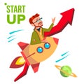 Startup Vector. Rocket Soars Up On Background Of Red Arrow Growthing Up. Businessman Enjoying Good Start. Illustration