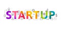 Startup word lettering in colorful design with related icons