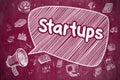 Startups - Doodle Illustration on Red Chalkboard. Royalty Free Stock Photo