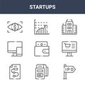 9 startups icons pack. trendy startups icons on white background. thin outline line icons such as ipo, product, bar chart . Royalty Free Stock Photo