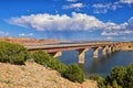 Starvation State Park Reservoir Late Summer early Fall panorama of lake around bridge with rain clouds near Duchesne on US Highway Royalty Free Stock Photo