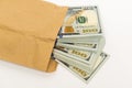 Stash of money in hundred dollar banknotes coming out of envelope