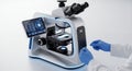 Advanced AI Powered Microscope in Lab with Blue Gloves and a Sterile Environment for Advanced Medical Research Analysis Royalty Free Stock Photo