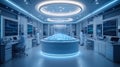 A state-of-the-art futuristic laboratory where scientists analyze complex data on large digital screens and a central holographic