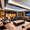 A state-of-the-art home theater with reclining leather seats, a large projection screen, and a surround sound system2, Generativ