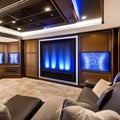 A state-of-the-art home theater with reclining leather seats, a large screen, and immersive surround sound system1, Generative A