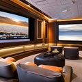 A state-of-the-art home theater with reclining leather seats, a large screen, and surround sound speakers for an immersive exper