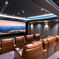 A state-of-the-art home theater with reclining leather seats, a large screen, and surround sound speakers for an immersive exper