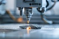 A state-of-the-art printer is creating metal parts, showcasing precise engineering in a futuristic workshop. The scene highlights Royalty Free Stock Photo