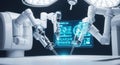 Advanced robotic surgical system performing complex operation with futuristic medical display isolated on white background Royalty Free Stock Photo