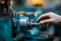 In a state-of-the-art workshop, the precision machining process involves a skilled worker fine-tuning equipment for Royalty Free Stock Photo