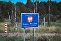 State border of the Republic of Poland, crossing forbidden - Polish road sign at the border with Russia Kaliningrad Oblast Royalty Free Stock Photo