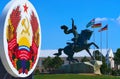 State emblem and the monument to Commander Suvorov - downtown of the city Tiraspol, Transnistria, Moldova