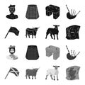 The state flag of Andreev, Scotland, the bull, the sheep, the map of Scotland. Scotland set collection icons in black