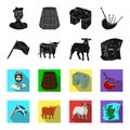 The state flag of Andreev, Scotland, the bull, the sheep, the map of Scotland. Scotland set collection icons in black