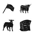 The state flag of Andreev, Scotland, the bull, the sheep, the map of Scotland. Scotland set collection icons in black