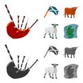 The state flag of Andreev, Scotland, the bull, the sheep, the map of Scotland. Scotland set collection icons in cartoon