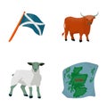 The state flag of Andreev, Scotland, the bull, the sheep, the map of Scotland. Scotland set collection icons in cartoon