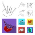 The state flag of Andreev, Scotland, the bull, the sheep, the map of Scotland. Scotland set collection icons in outline