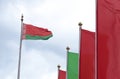 The state flags of the Republic of Belarus are fluttering in the wind, next to red and green flags