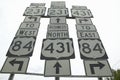 State highway signs pointing in all directions in Southeast USA