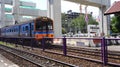 State Railways of Thailand SRT Blue diesel electric train locomotive parked at Donmuang railway station