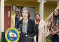 State Senator Nancy Skinner speaking at a Press Conf about the Home Key Housing Program Royalty Free Stock Photo