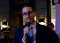 State Senator Scott Wiener at Union Square speaking at the Winter Walk Ribbon Cutting Ceremony Royalty Free Stock Photo