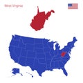 The State of West Virginia is Highlighted in Red. Vector Map of the United States Divided into Separate States. Royalty Free Stock Photo