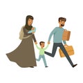 Stateless refugee family escaping from war with their little kids, war victims concept vector Illustration