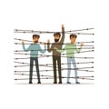 Stateless refugees facing the barbed wire fence, refugee camp, war victims concept vector Illustration