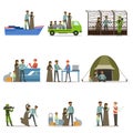 Stateless refugees set. Illigal immigrants and war victims vector illustrations Royalty Free Stock Photo