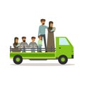 Stateless refugees on a truck trying to cross country border, illegal migration, war victims concept vector Illustration