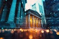 A stately building with grand columns standing proudly as its facade, illuminated by vibrant lights in the front, Abstract Royalty Free Stock Photo