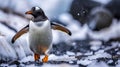 Stately Gentoo Penguin Strides Across A Pebbled Beach, Snowflakes Speckling Its Sleek Feathers