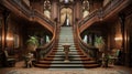 A stately Victorian mansion with a grand staircase leading to the front entrance.